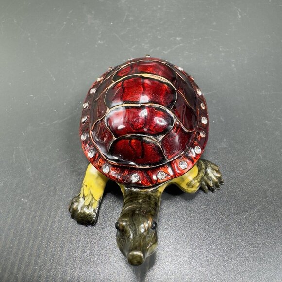 VTG Turtle Red Shell Enamel Over Metal Bejeweled Hinged Trinket Box Pill Box - Picture 10 of 10
